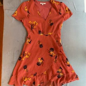 Salmon colored Madewell dress with floral pattern